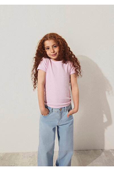 Mavi Fitilli Pembe Basic Tişört Fitted / Vücuda Oturan Kesim 7610260-86953