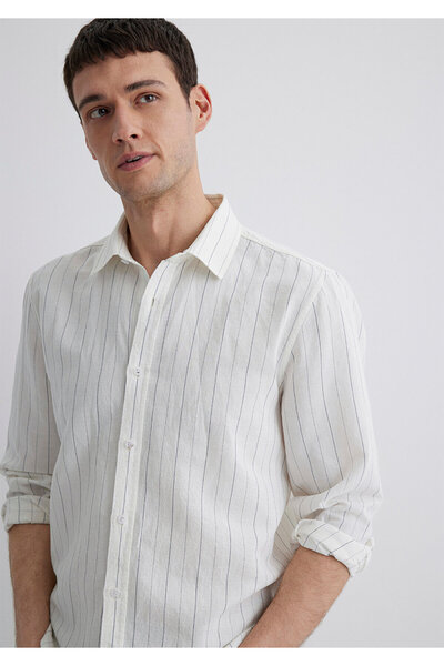 Mavi Cămașă albă cu dungi din amestec de in, croială normală croială 0211515-620