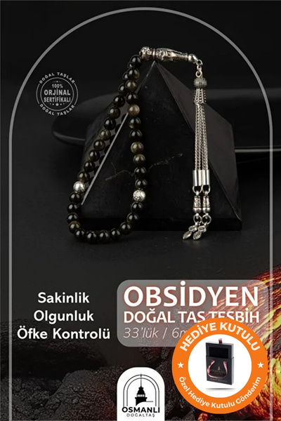 OSMANLI DOĞAL TAŞ Orijinal & Sertifikalı Obsidyen Doğal Taş El Yapımı Özel Kutulu Hediyelik Erkek Tesbih 33lük 6mm