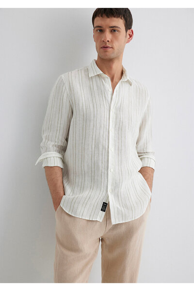 Mavi Πουκάμισο από λινό με πράσινες ρίγες εκρού Regular Fit / Κανονική εφαρμογή 0211525-71481