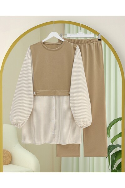 Modamorfo Combed Cotton Suit with Elastic Sleeves and Striped Shirt Detail - Mink