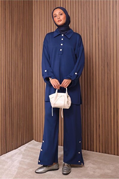 TRENDTESETTÜR KADIN LACİVERT DÜĞME DETAYLI PANTOLONLU TAKIM T 7035