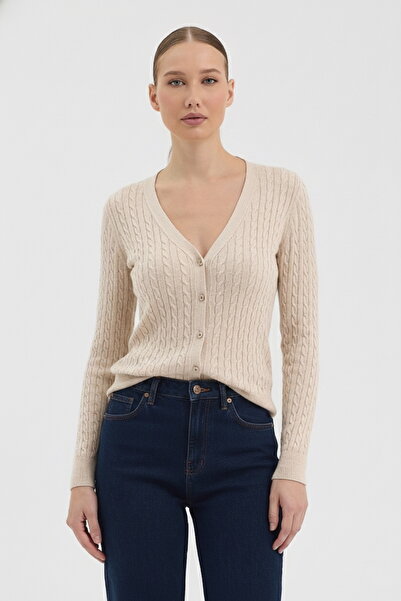 hateko Жіночий светр з 100% бавовни бежевого кольору з плетеним візерунком – плетений візерунок