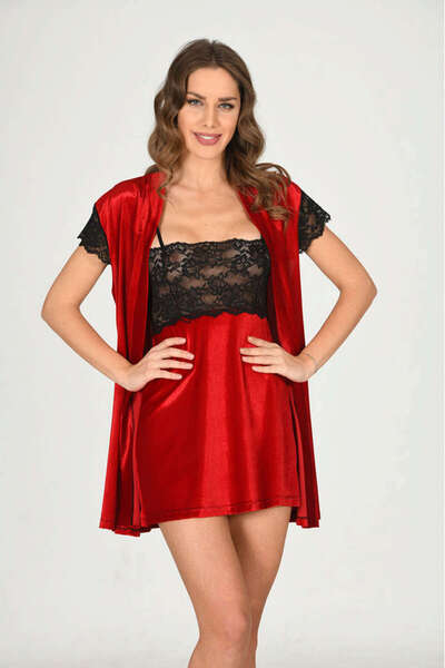 Sistina طقم رداء وقميص نوم مخملي أحمر مكون من قطعتين - 1428 - مقاس XL 1492948707