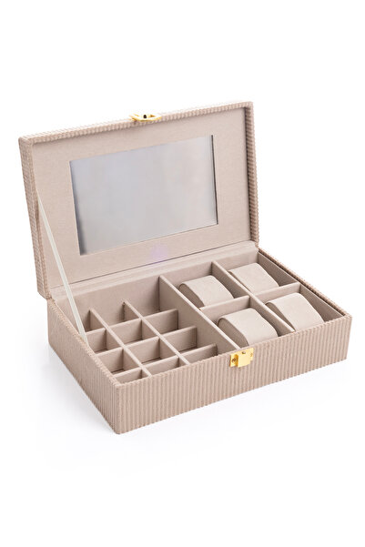 Ecrou Aynalı Kahve Fitilli Kadife Mücevher Kutusu, Organizer, Takı Kutusu 25 X 16 X 7 Cm