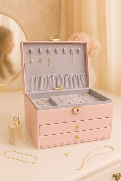 Ecrou 2 Çekmeceli Deri Görünümlü Kilitli Takı Kutusu Pembe