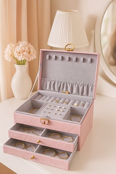 Ecrou 2 Çekmeceli Deri Görünümlü Kilitli Takı Kutusu Pembe