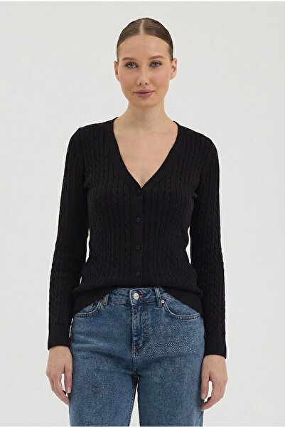 hateko Жіночий светр з 100% бавовни, чорний, з плетеним візерунком – плетений візерунок