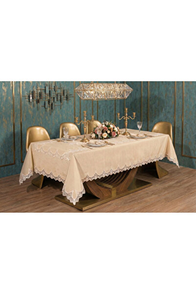 Finezza Carmen Bambu Poly. Güpürlü Bej Masa Örtüsü 170x240cm Runner 2 Prç. - 425