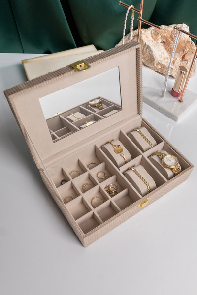 Ecrou Aynalı Kahve Fitilli Kadife Mücevher Kutusu, Organizer, Takı Kutusu 25 X 16 X 7 Cm