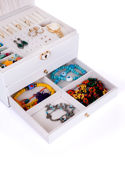 Ecrou Modern 2 Çekmeceli Takı Mücevher Kutusu Organizer Düzenleyici Beyaz 13 X 23 X 10 cm