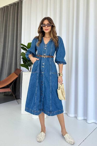 Mine Tan Butik Balon Kol V Yaka Kot Kadın Elbise - Koyu Renk