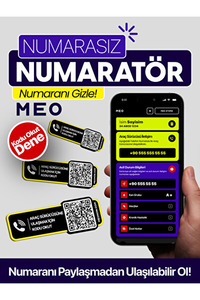 MEO Teknoloji Karekodlu Araç Numaratörü - Araç İçi Park Telefon Numarası - Akıllı Araç Etiketi (Yatay Etiket)