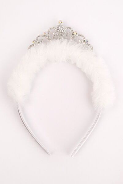 Le Mabelle Beyaz Tüylü Taşlı Kraliçe Kız Çocuk Taç