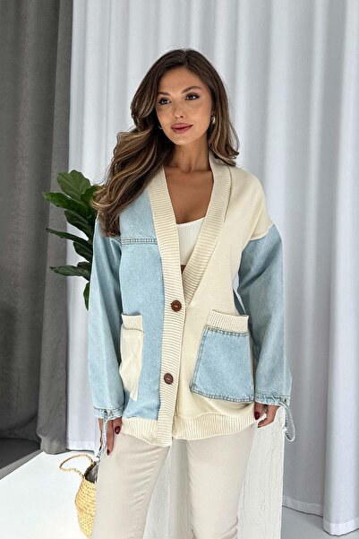 Mine Tan Butik كارديجان نسائي مزين بالدانتيل - أزرق