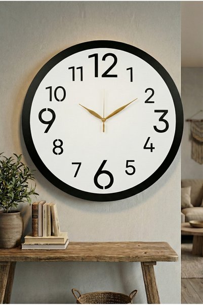 AA Shop Ahşap Siyah Beyaz Renk Sade Sayılı Yılbaşı Hediyelik Sessiz Duvar Saati 50cm