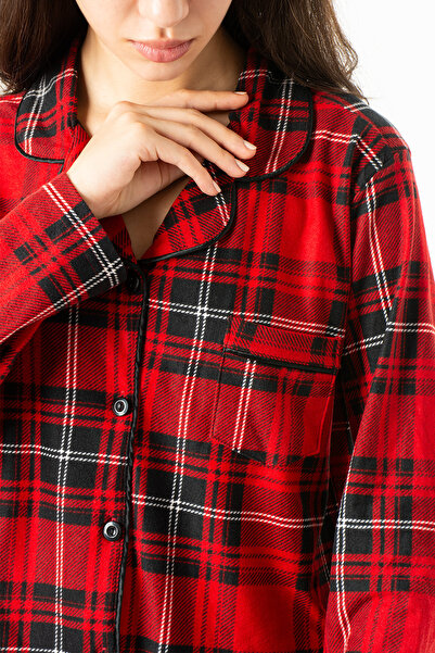 Ecrou Women's Red Plaid Pattern Peter Pan collar Long Sleeve Piped Pajama Sets