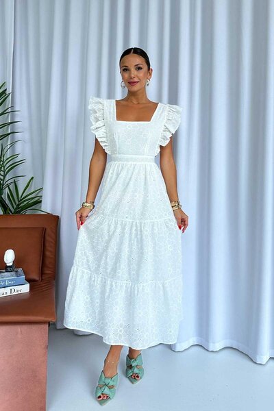 Mine Tan Butik Rochie de damă cu dantelă cu guler pătrat alb