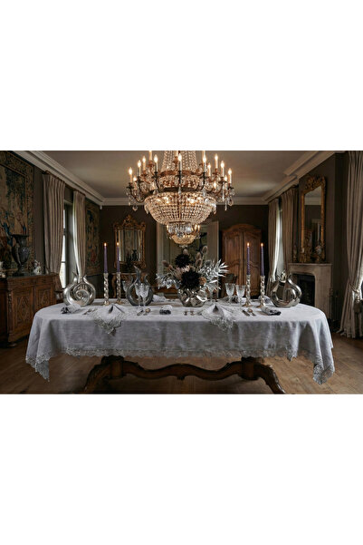 Finezza Estee Set de masă din bumbac gri cu dantelă pentru 6 persoane 160x220cm 13 buc. - 757