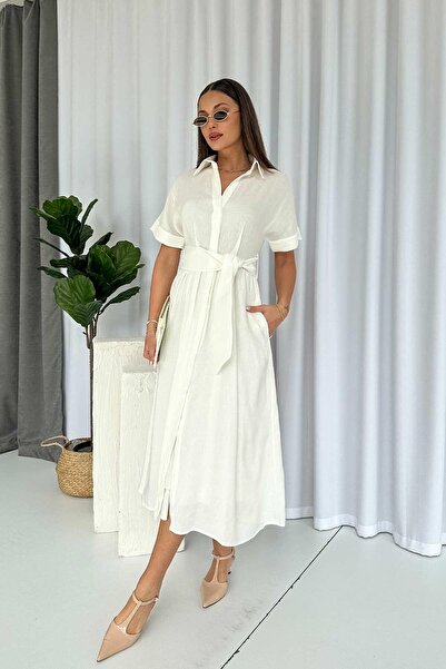 Mine Tan Butik Λευκό κοντομάνικο πουκάμισο γιακά φόρεμα - ζωσμένο στη μέση