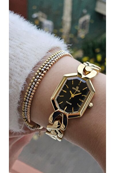 Raymond Rym-213057 Retro Women's Watch - Case and Strap Steel and 2 Years Warranty Gold-Black