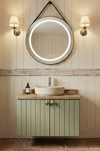 AdnDesing Banyo Dolabı-Asma 2 Kapaklı Lavabolu-Ahşap Mat Yeşil Mdf-60 Cm-Çanak Lavabolu-Ledli Aynalı