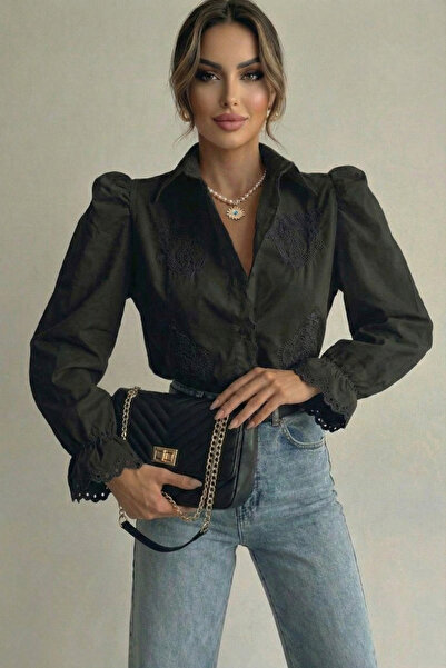 fumel women's clothing Kadın Siyah Fisto Detaylı Vintage Nakışlı Gömlek