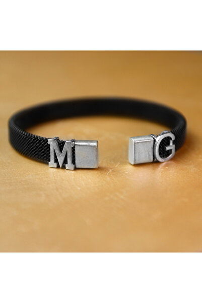 GIBYJEWEL 925 Ayar Gümüş Çift Harfli Siyah Çelik Hasır Bileklik