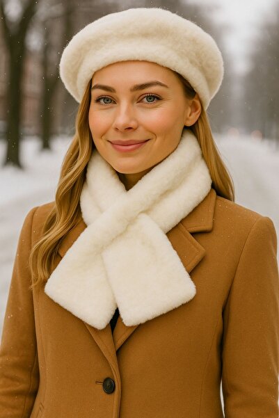 FELLMENS Set de 2 berete și guler pentru gât din pluș cu textura moale ecru