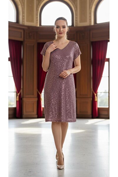 Nidya Moda Büyük Beden Kadın Oranj Payet Desen V Yaka Vako Abiye Elbise-4035po