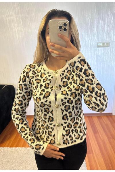 SHINE STYLE Leopar 5 Dügme Katlama Yaka Hırka