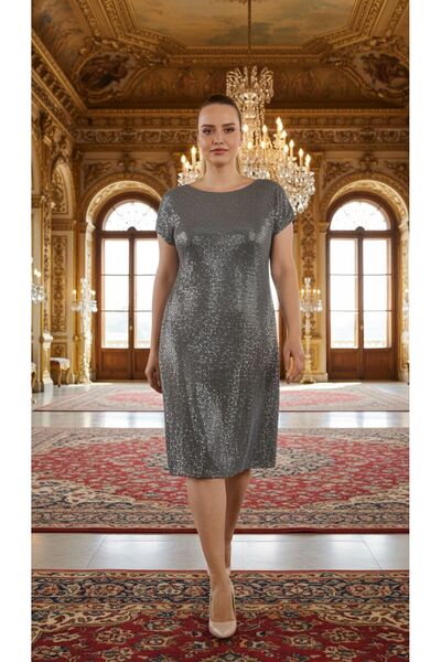 Nidya Moda Büyük Beden Kadın Bronz Payet Desen Vako Abiye Elbise-4035bbr