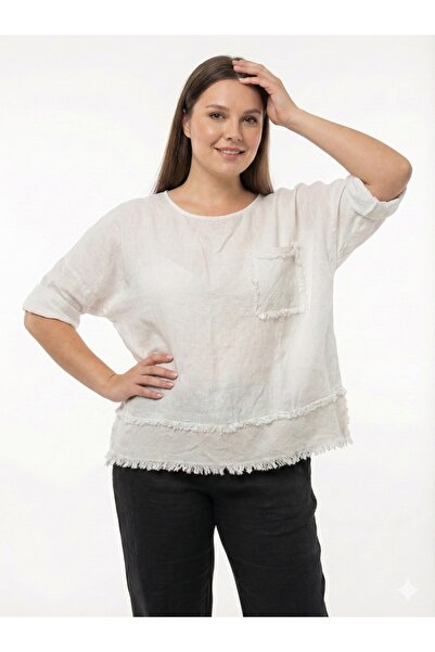 della moor Λευκή ιταλική μπλούζα με φούντα 4/3 μανίκια casual λινό