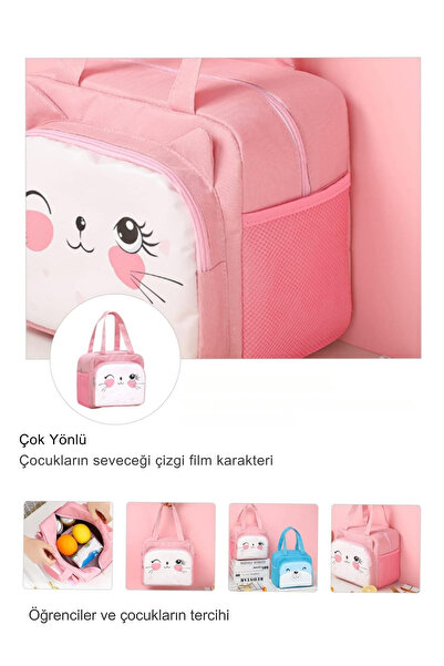 Ecrou Pink Cat Patterned Thermal Food Lunch Bag - 20x24x12 Cm