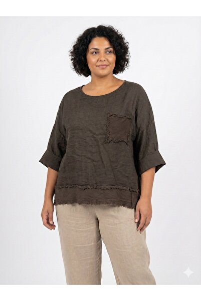 della moor Καφέ ιταλική φούντα μπλούζα με 4/3 μανίκια casual λινό