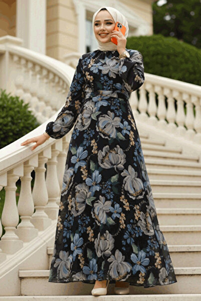 Neva Style Черна рокля с хиджаб с флорални шарки 27971S