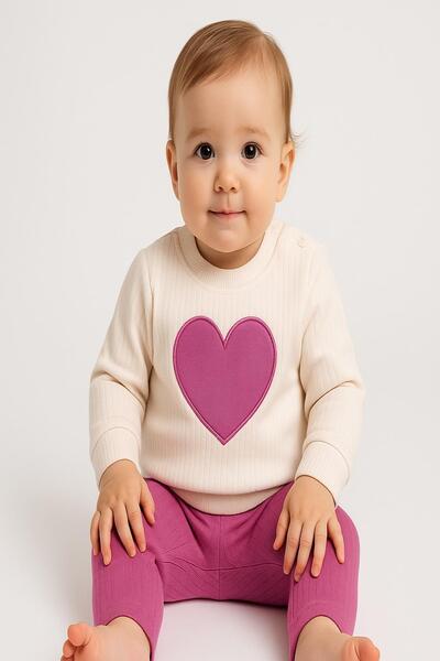 dinamik çocuk Baby Girl Heart Patterned Sleeve Detailed 2-Piece Top and Botto...