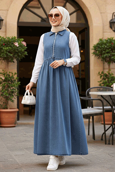 Neva Style Rochie Gilet Hijab Denim Albastru Inchis cu Fermoar 19135KM