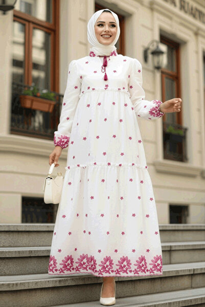 Neva Style Φούξια Φόρεμα Χιτζάμπ με Μοτίβο Λουλουδιών 1381F