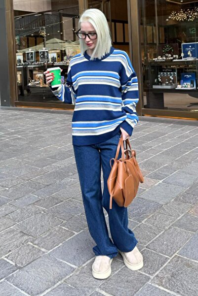 Madmext Navy Blue Crew Neck Striped Women's Sweater Mg2599