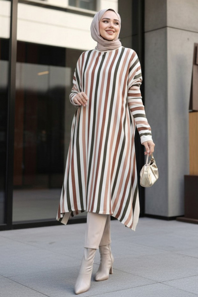 N.S NEVA STYLE تونيك تريكو مخطط باللون الكريمي 56751KR