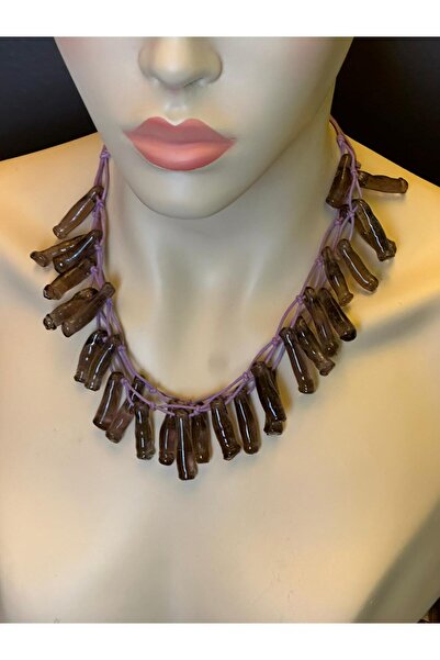 Gönülden Tasarım Amethyst Stone Leather Women's Necklace Length 22 cm