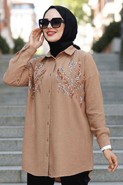 Neva Style Πουκάμισο Hijab Camel με χάντρες 4526C