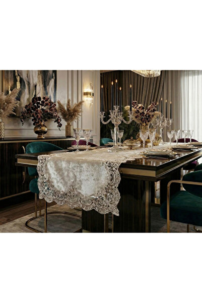 Finezza Anna Runner din catifea cu dantelă crem 50*150 cm - 794