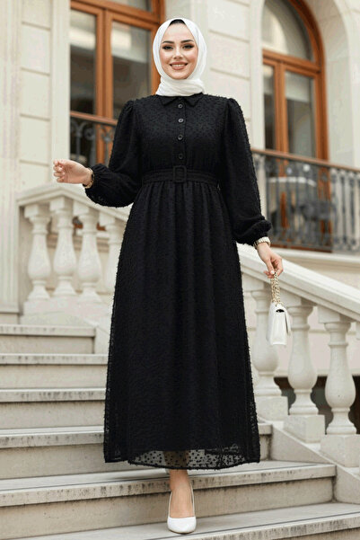 Neva Style Güpürlü Siyah Tesettür Elbise 14021S