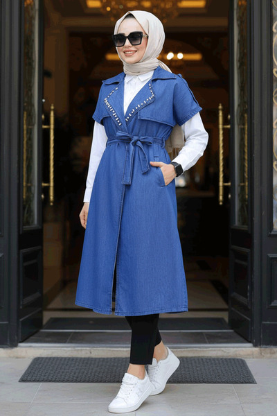 Neva Style Beaded Navy Blue Hijab Vest 6572L