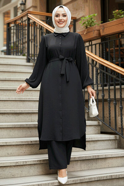 Neva Style Μαύρο Hijab Σετ Διπλό - Κουμπί, 12581S