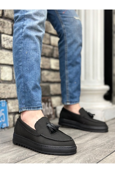 BOA BA0154 Black Linen Men's Shoes with High Sole and Tassels - Laceless