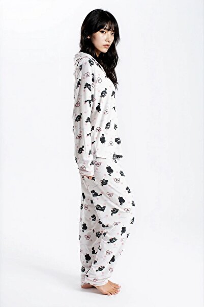 Ecrou Γυναικείο σετ πιτζάμα με μακρυμάνικο παντελόνι με υφή Ecru Cat Report πλέξη ριμπ Seoul