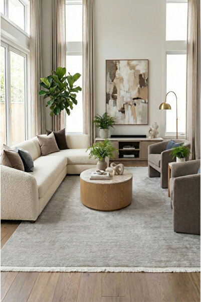 Raschel Carpet Premium Seri Krem Akrilik Jüt Taban Doğal Halı Yolluk Oturma Odası Halı Salon Halısı 1737A